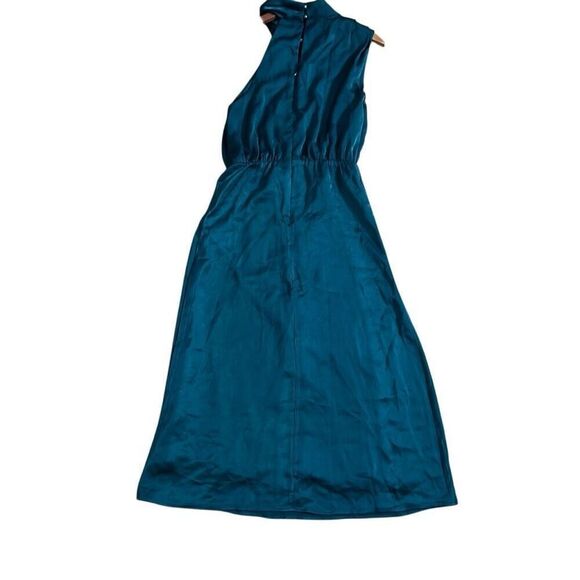 Satin Irregular Sleeveless Elastic Waist Mock Neck Cocktail Dress Emerald Medium - Picture 8 of 8
